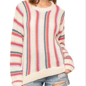 HEM & THREAD Women's Soft Oversized Cream Striped Pullover Knit Sweater